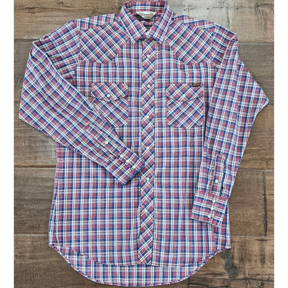Vintage Roebucks Sears Western Wear Mens Red Blue Plaid‎ Pearl Snap Shirt Medium